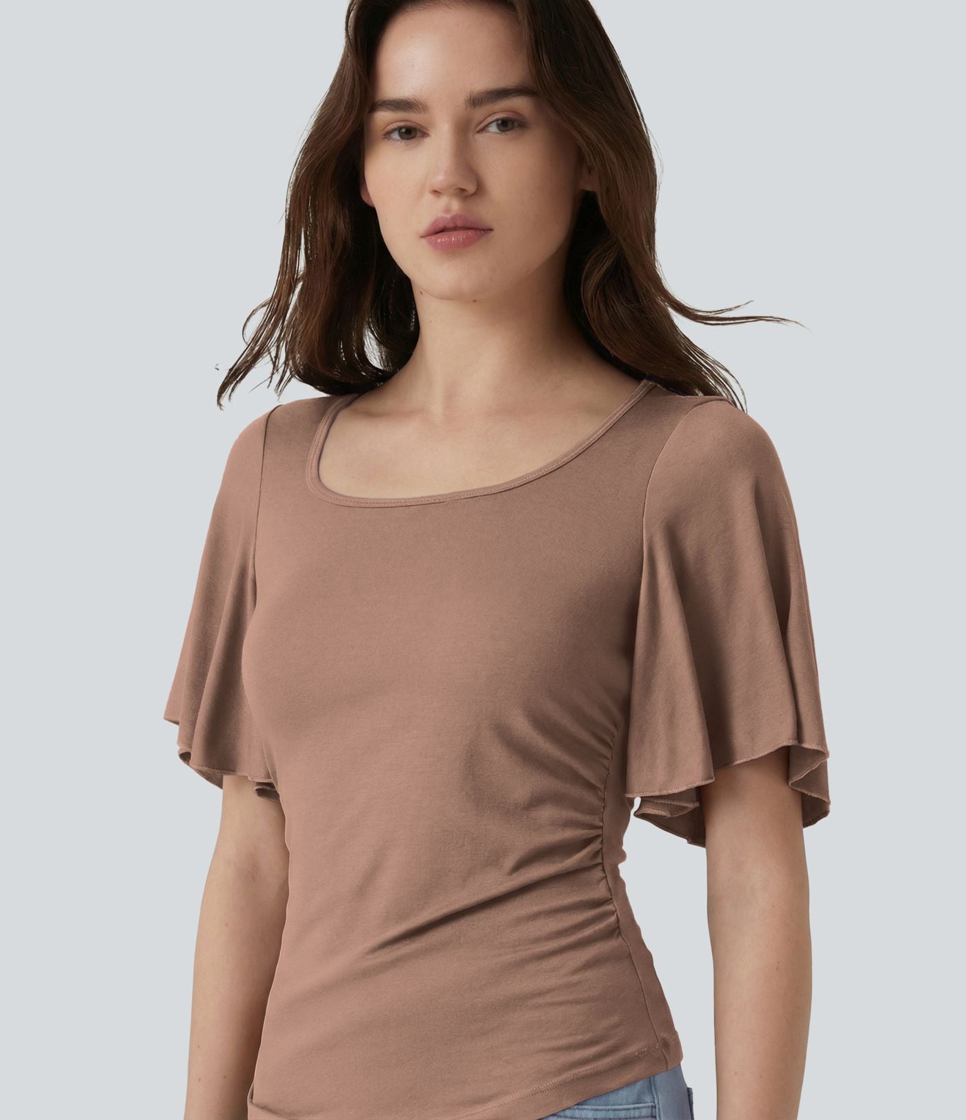 T-shirt décontracté maille côtelée col carré manches papillon froncé