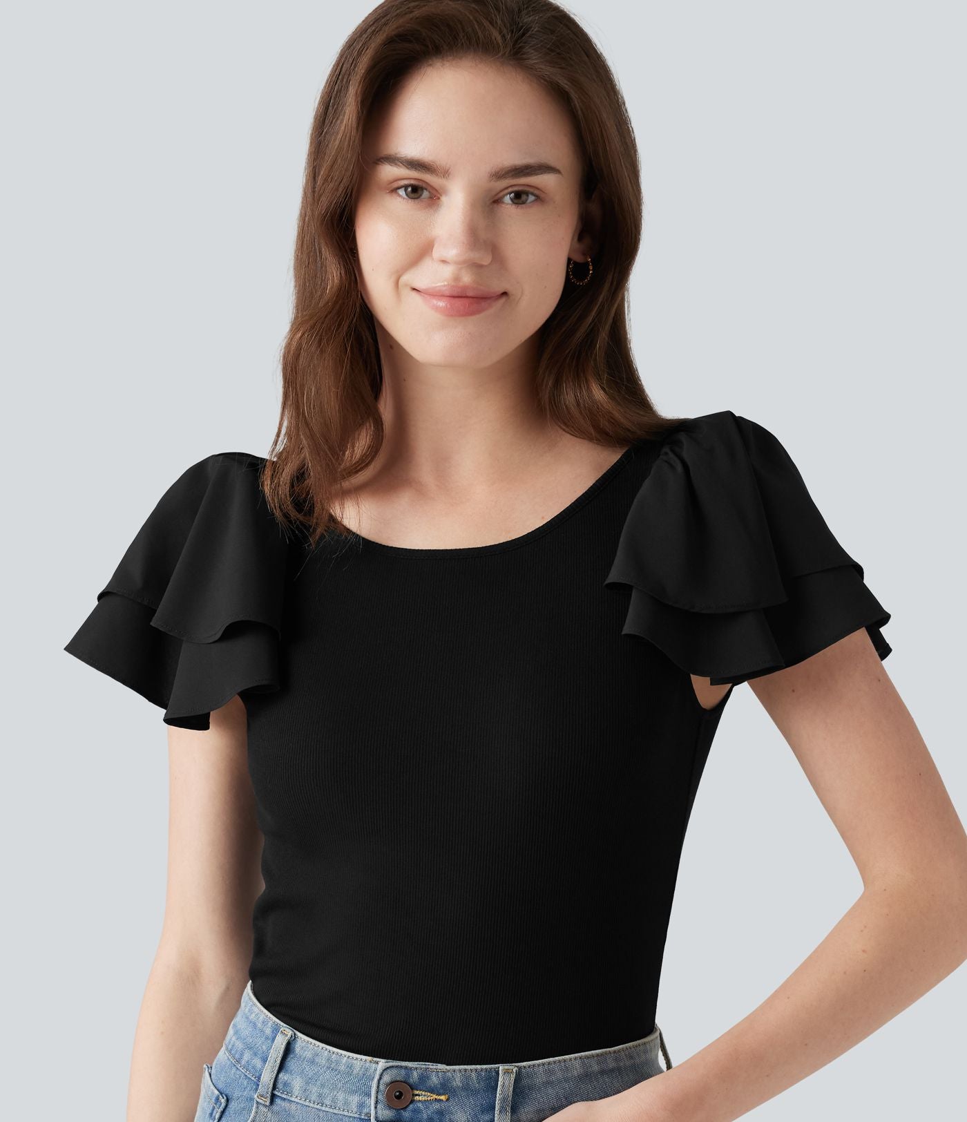 Blouse décontractée col rond à manches à volants étagées