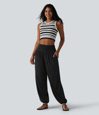 Jogging casual taille haute froncé avec poches