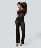 Pantalon Évasé de Danse 2 en 1 en Maille Transparente Taille Haute