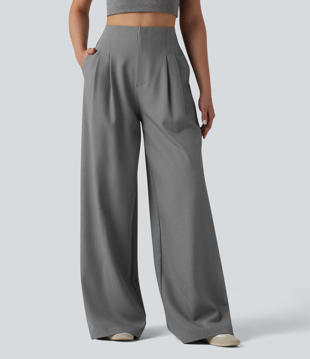 Pantalon large infroissable taille haute color block décontracté aspect lin avec poches