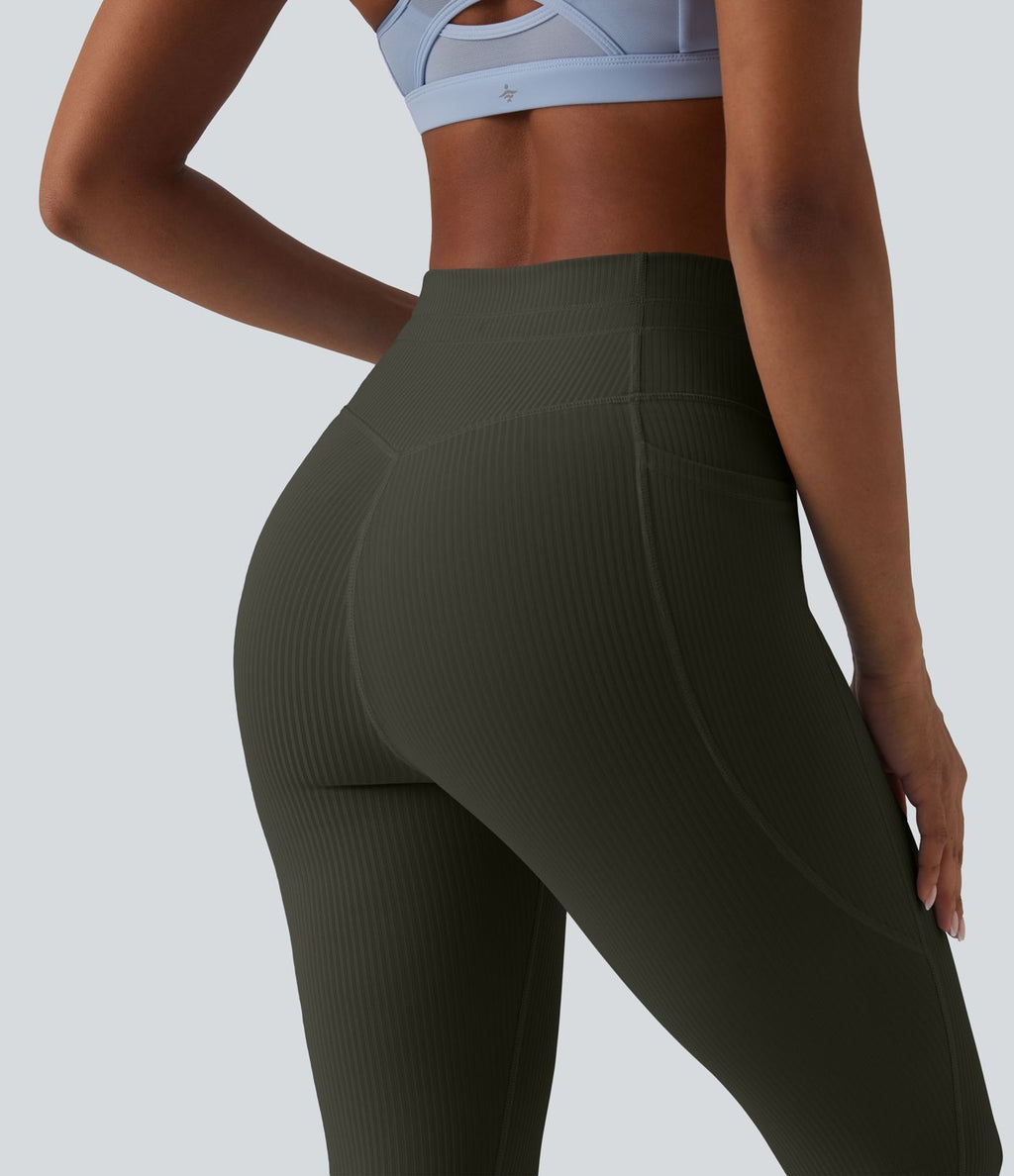 Legging de sport maille côtelée gainant à séchage rapide taille haute avec cordon de serrage et poches - UPF50+