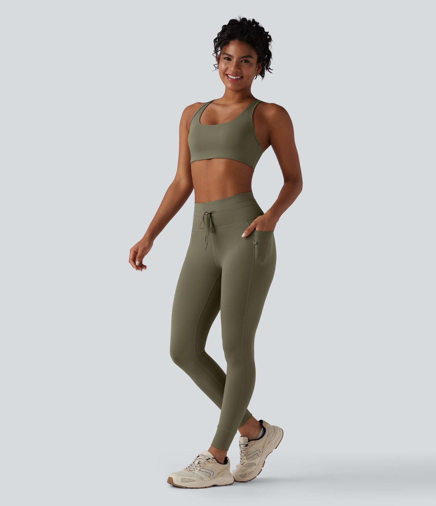 Legging 7/8 de yoga taille haute avec cordon de serrage uni et poches
