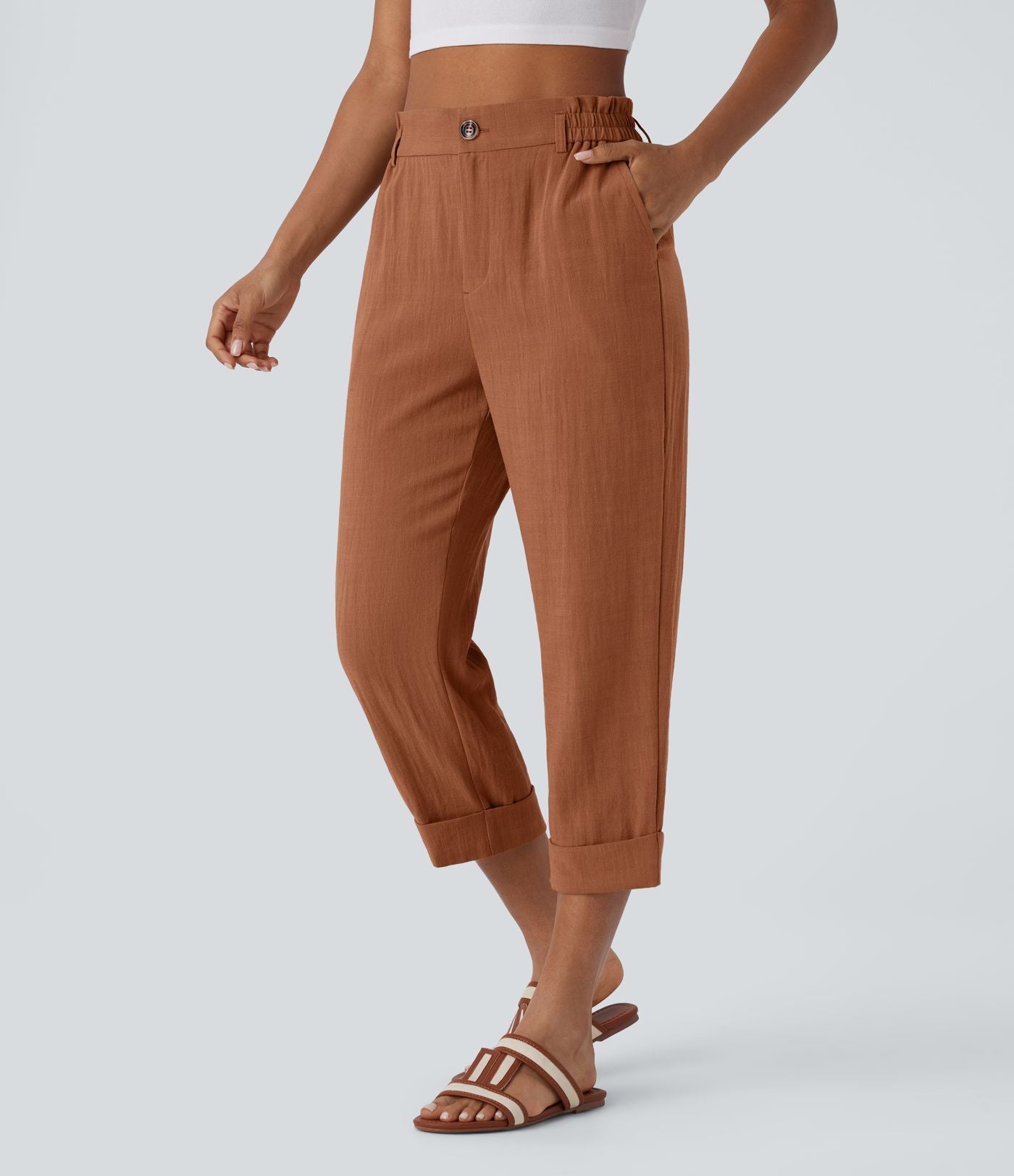 Pantalon capri effet lin taille haute avec poches zippées