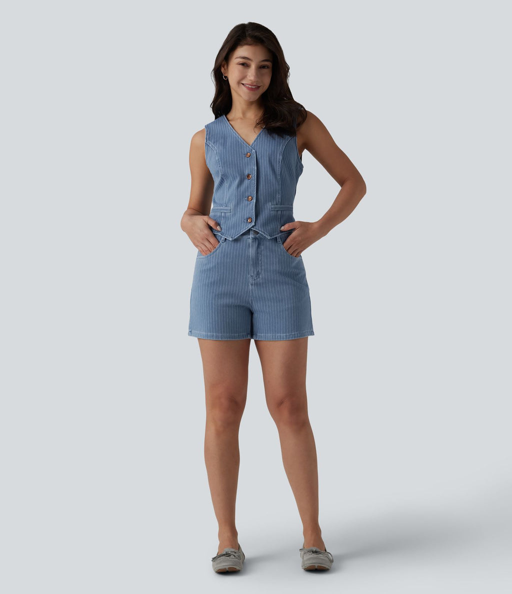 Gilet denim décontracté Halara Flex™ décolleté V profond boutonnage rayé