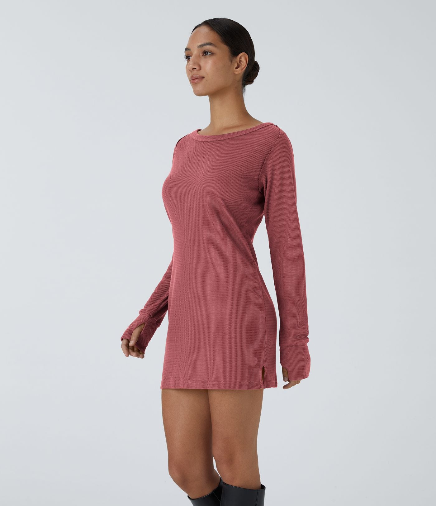 Robe Sweatshirt Casual Col Bateau Manches Raglan Avec Trous Pour Les Pouce Ourlet Fendu en Waffle