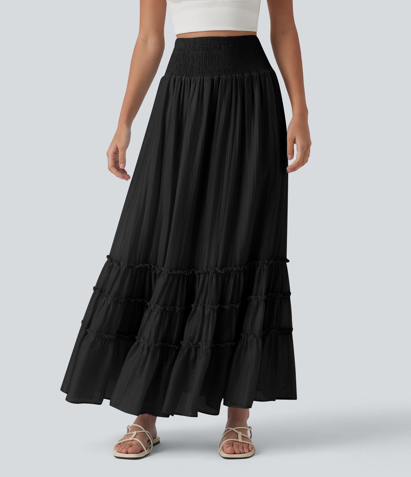 Jupe longue fluide à volants taille haute – Style resort