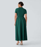 Robe longue décontractée à col montant, manches courtes et poches latérales