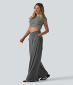 Pantalon casual large ample chiné taille haute croisé à lacets avec poches