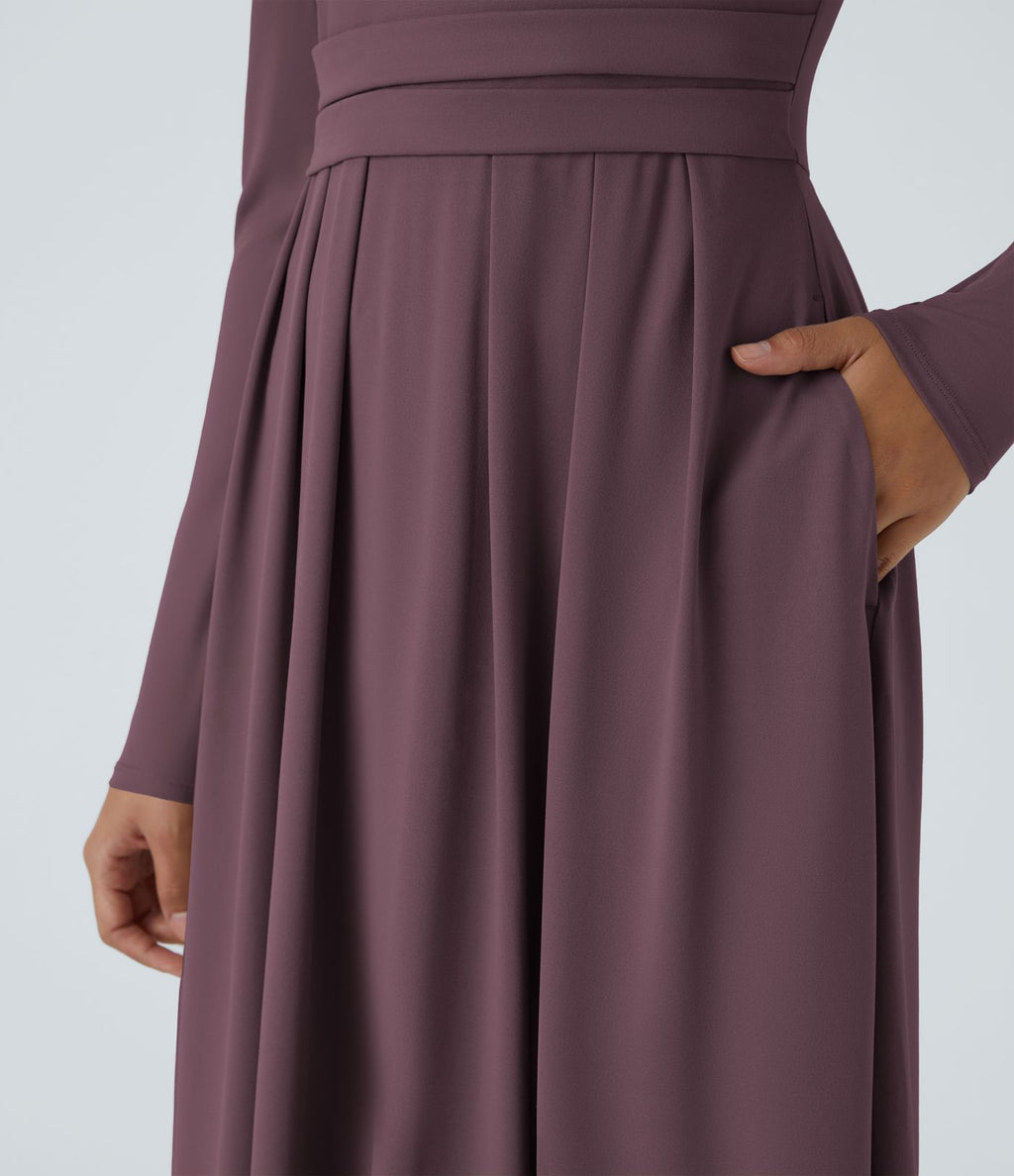 Robe longue décontractée à col montant, manches longues, plissée, avec poches latérales et coupe évasée