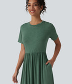 Robe midi casual chinée col rond à manches courtes, avec poches