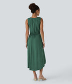 Robe Mi-Longue Plissée Décolleté Plongeant Sans Manches Haut Bas Ourlet Croisé
