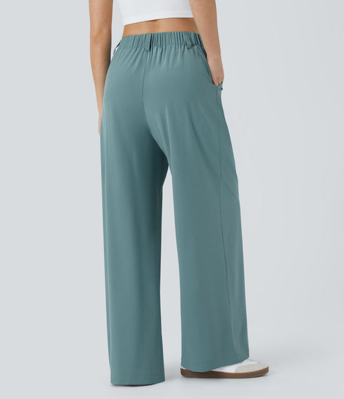 Breezeful™ Pantalon Large Fluide Taille Haute Poches Latérales Palazzo Solide Casual Linen-Feel