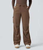 Pantalon jogging cargo velours côtelé coupe droite taille mi-haute avec cordon de serrage et poches