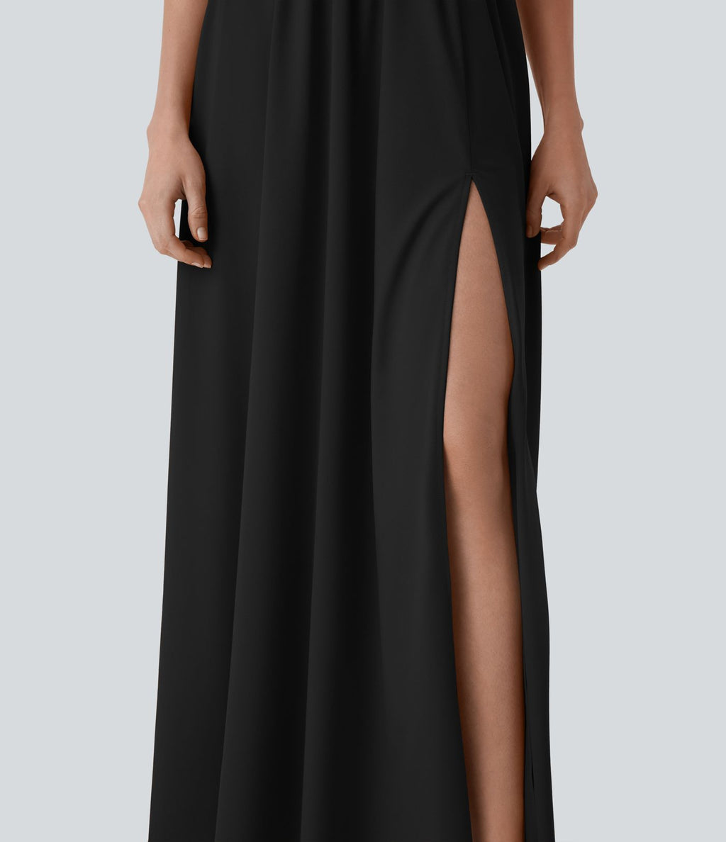 Robe longue de soirée col V, manches courtes, dos croisé à nouer, fendue avec poche latérale