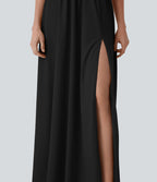 Robe longue de soirée col V, manches courtes, dos croisé à nouer, fendue avec poche latérale