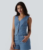 Gilet denim décontracté Halara Flex™ décolleté V profond boutonnage rayé