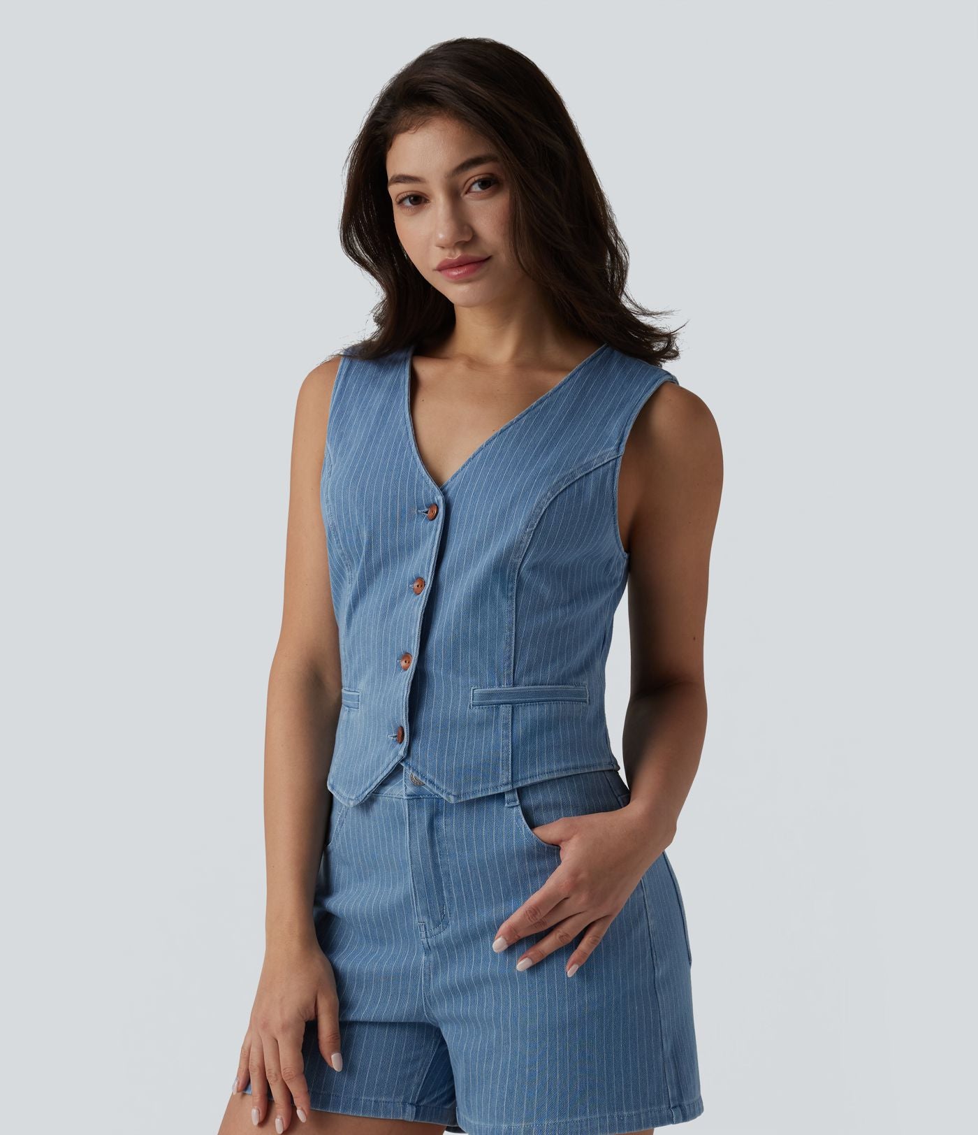 Gilet denim décontracté Halara Flex™ décolleté V profond boutonnage rayé