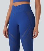 Pantalon de yoga évasé à taille haute croisée, poche arrière et dentelle