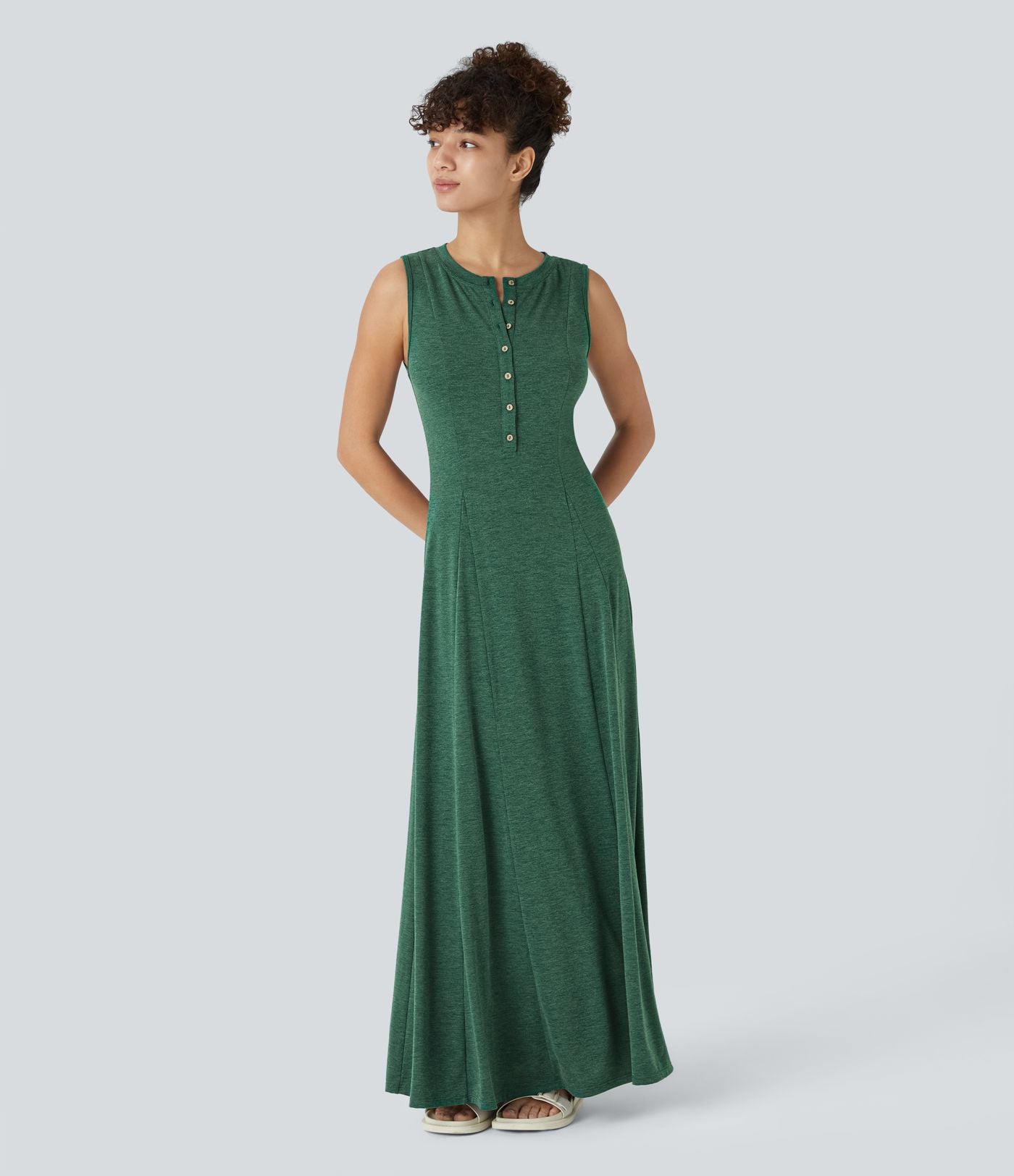 Robe Casual Maxi Col Rond Sans Manches Boutonnés