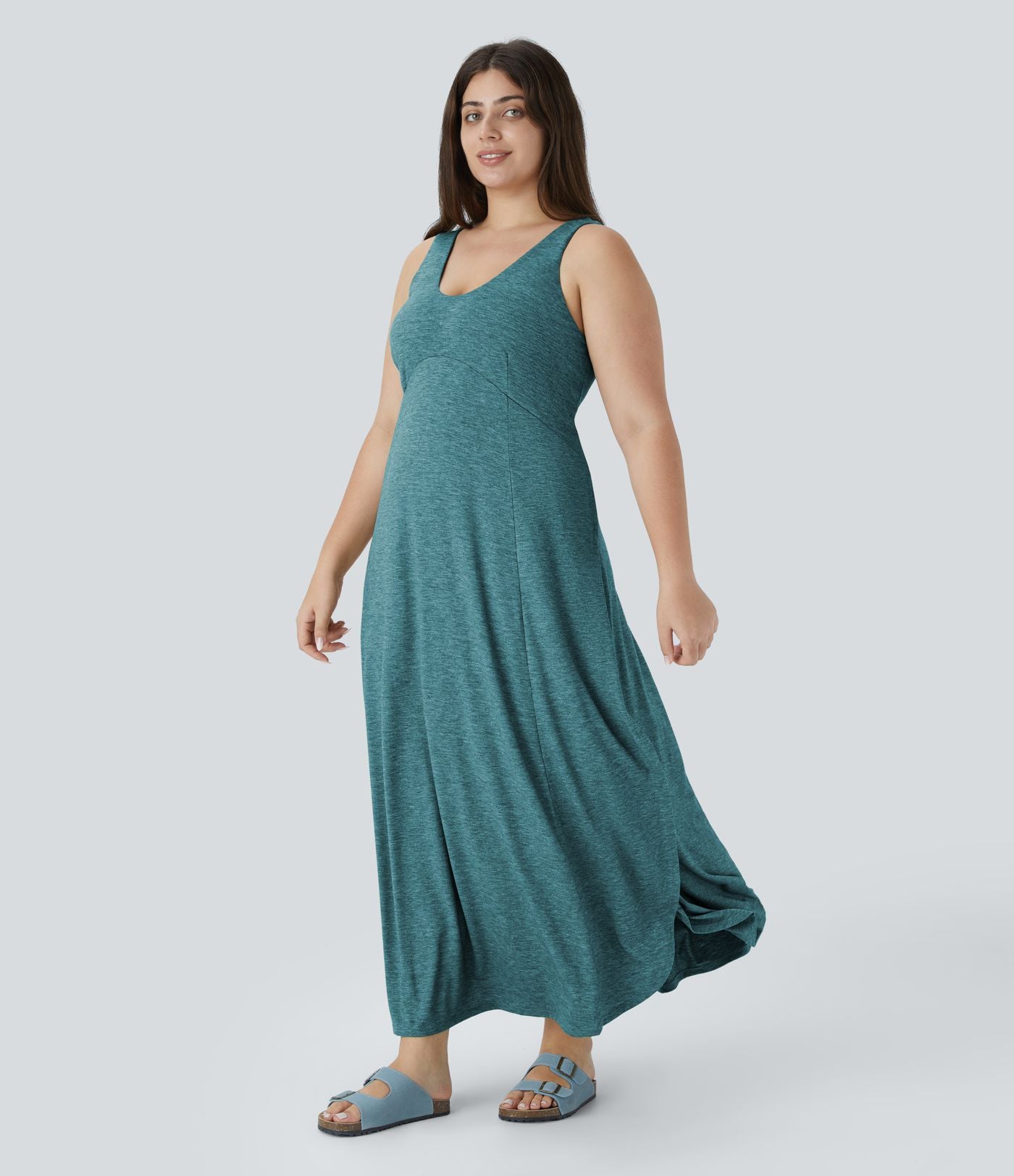 Robe Maxi Casual Grande Taille à Col U Sans Dos Fendue et Fluide