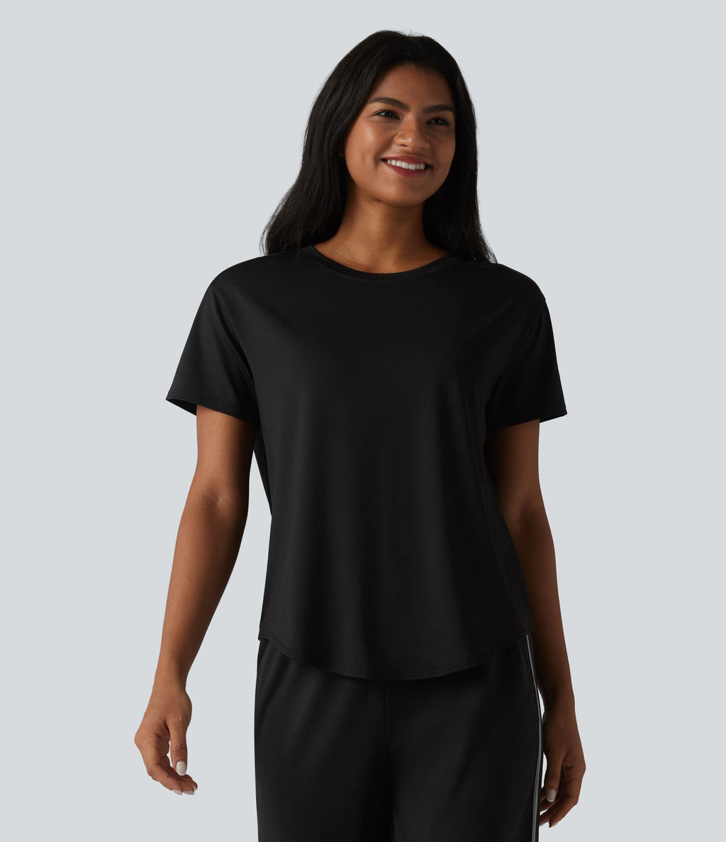 T-shirt décontracté à col rond, manches courtes, soutien-gorge intégré et ourlet arrondi