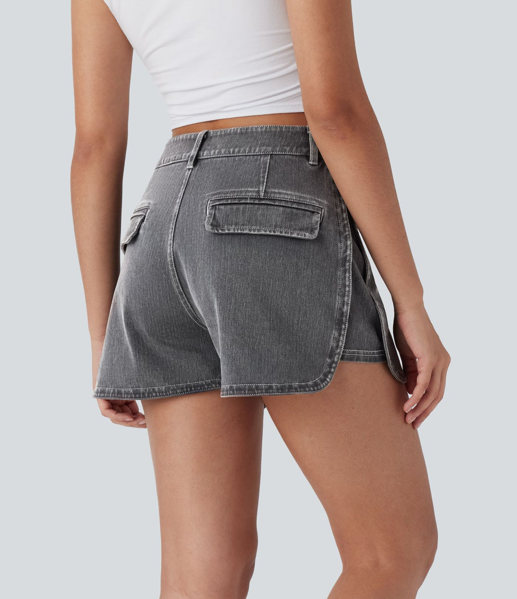 Short décontracté en denim extensible Halara Flex™ taille haute avec bouton, fermeture éclair et ourlet courbé 7,5 cm