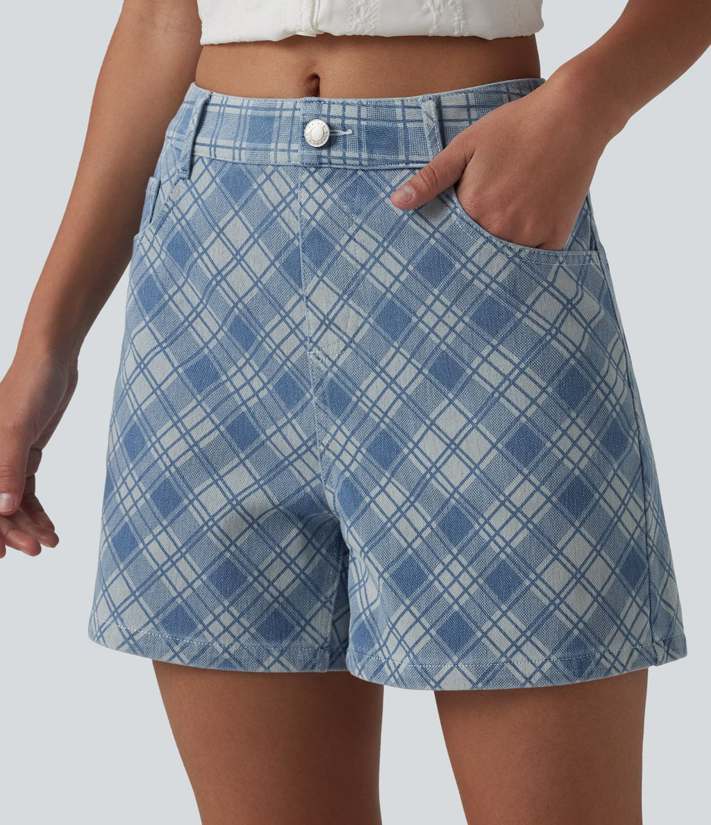 Short décontracté en denim à carreaux Halara Flex™ taille mi-haute 10 cm avec poches