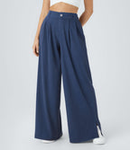 Pantalon Large Casual Taille Haute Boutonnés Fermeture Éclair Plissé Poches Latérales Ourlet Fendu