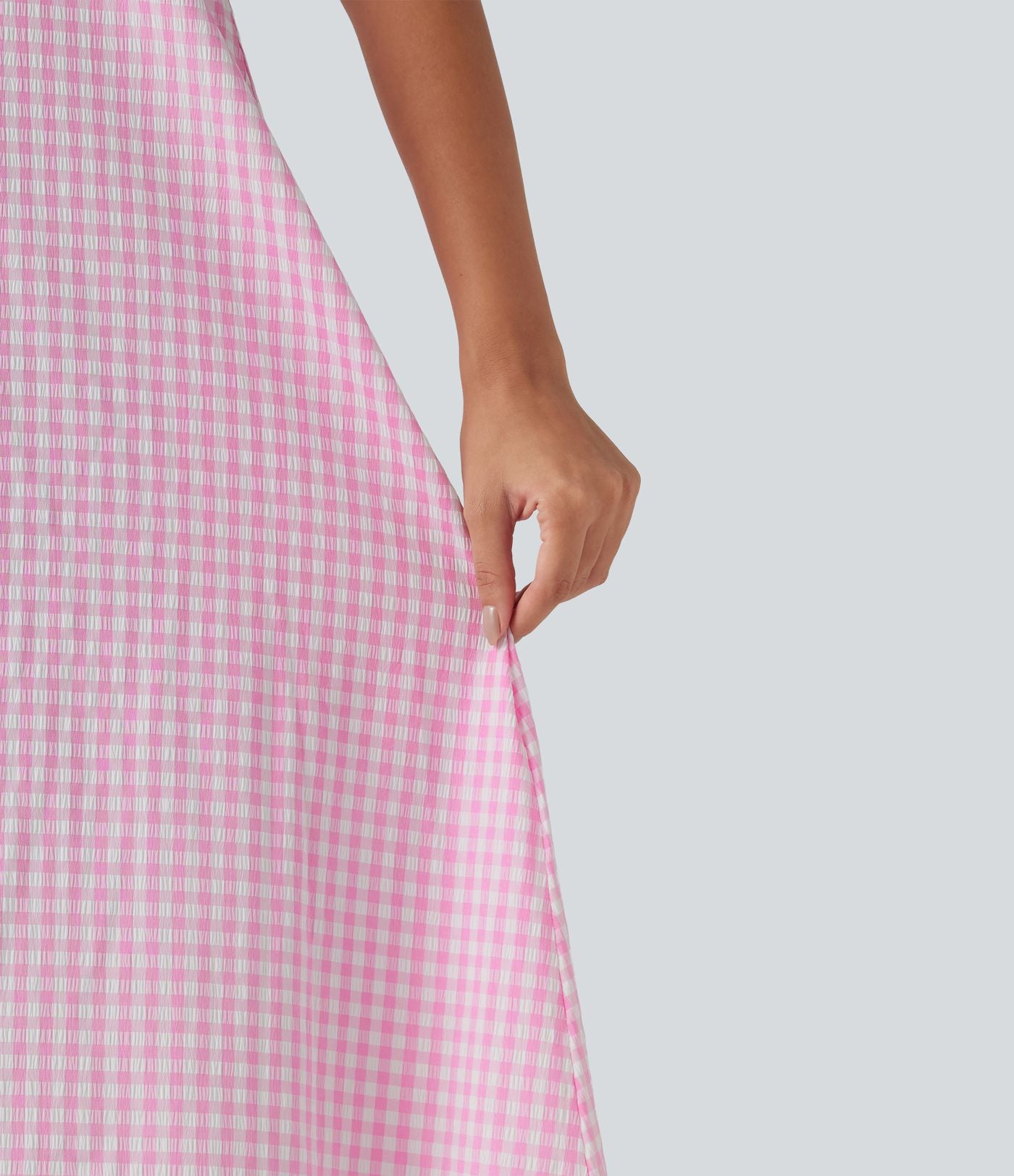 Robe débardeur midi décontractée col rond sans manches en vichy froissé avec poches