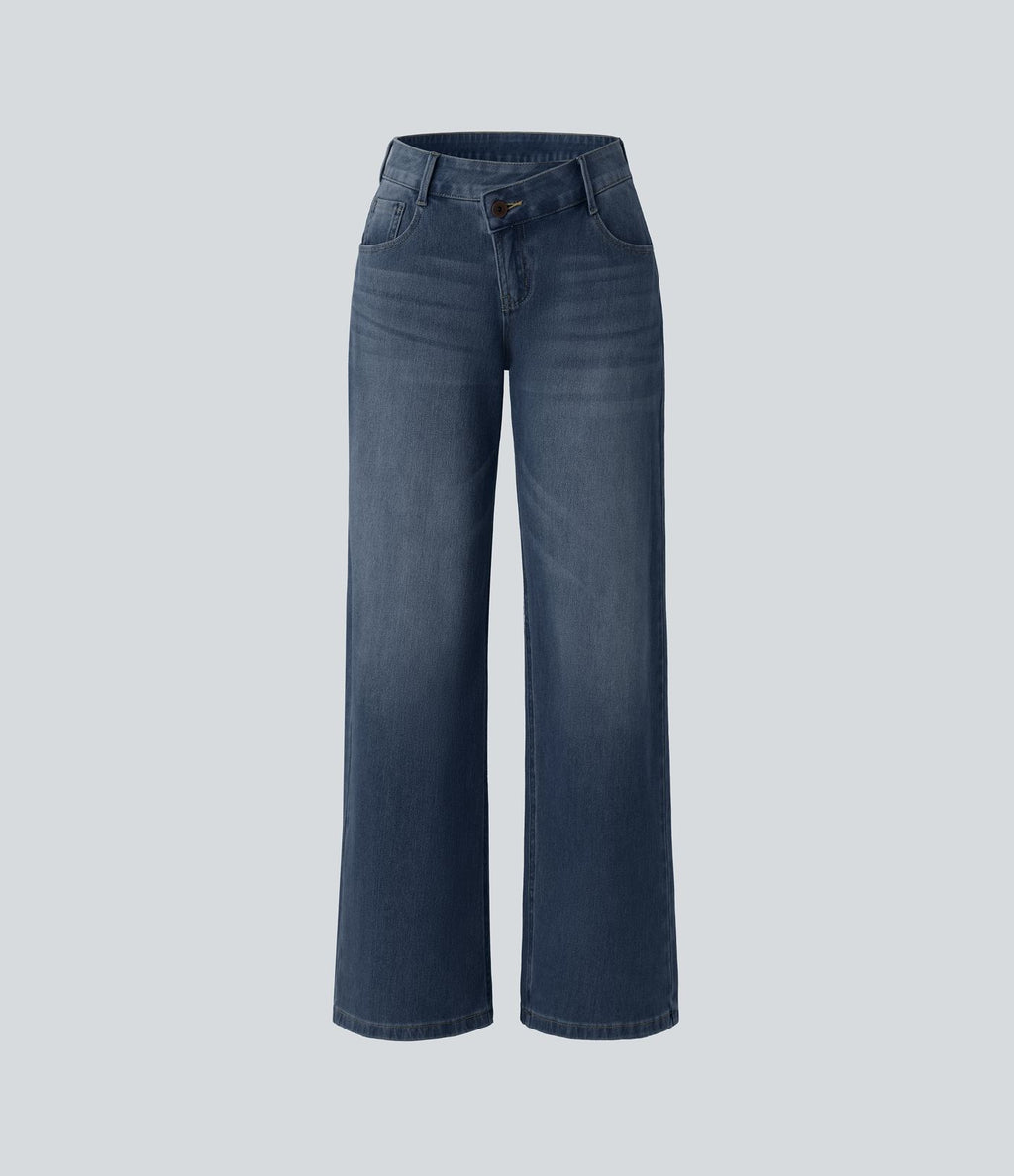 Halara Flex™ Jean large asymétrique taille basse avec bouton, fermeture éclair et poches multiples, délavé et extensible en maille