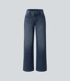 Halara Flex™ Jean large asymétrique taille basse avec bouton, fermeture éclair et poches multiples, délavé et extensible en maille