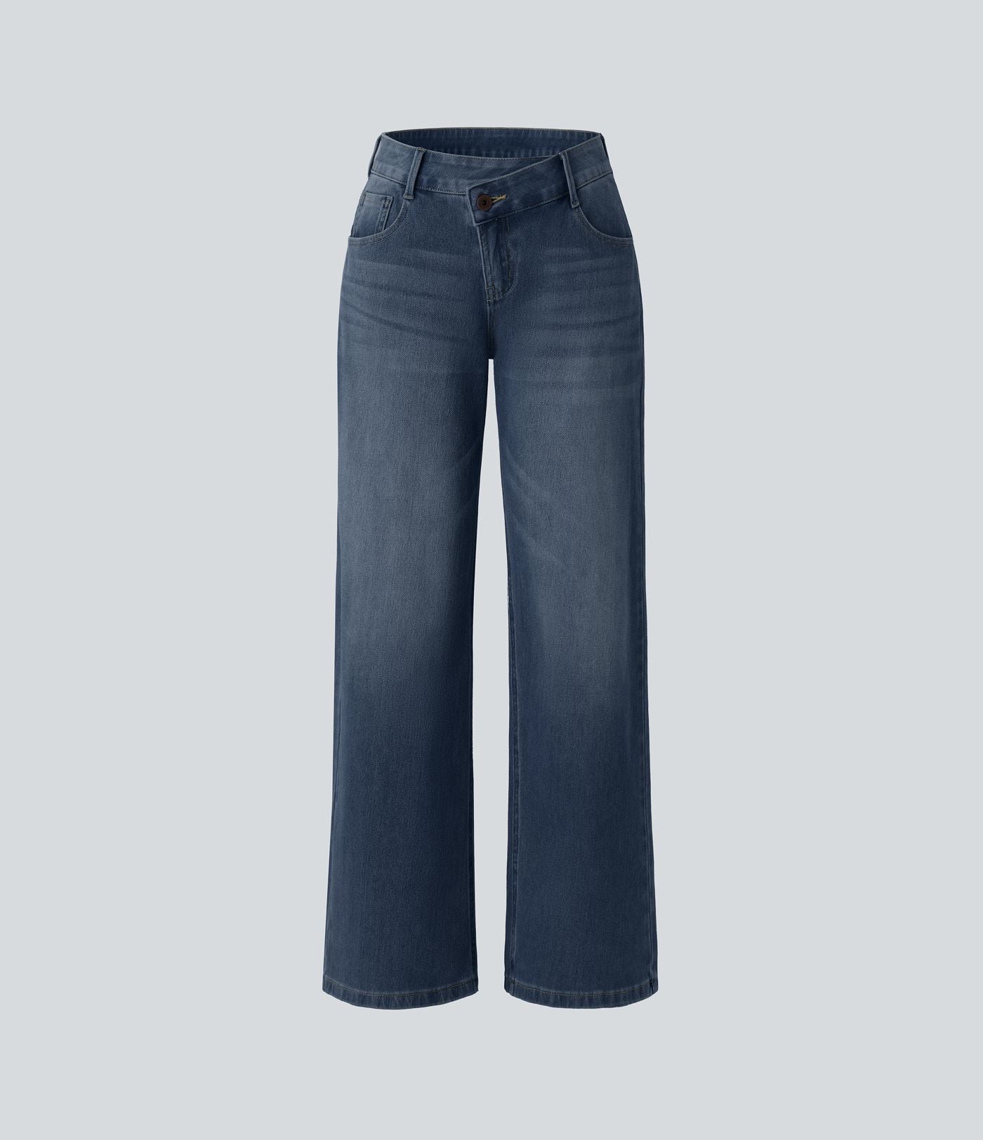 Halara Flex™ Jean large asymétrique taille basse avec bouton, fermeture éclair et poches multiples, délavé et extensible en maille