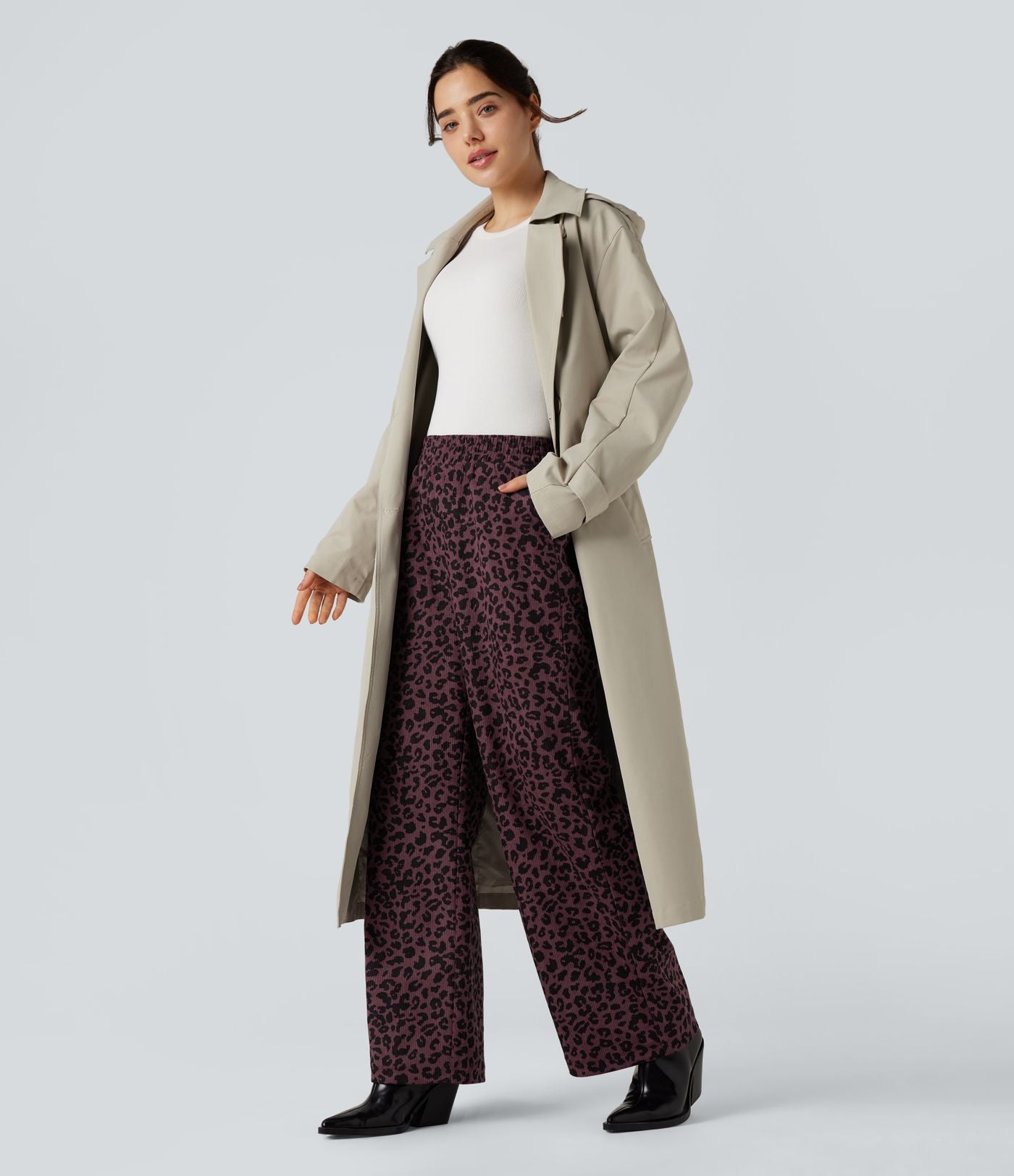 Pantalon léopard ample décontracté velours côtelé imprimé taille haute avec poches