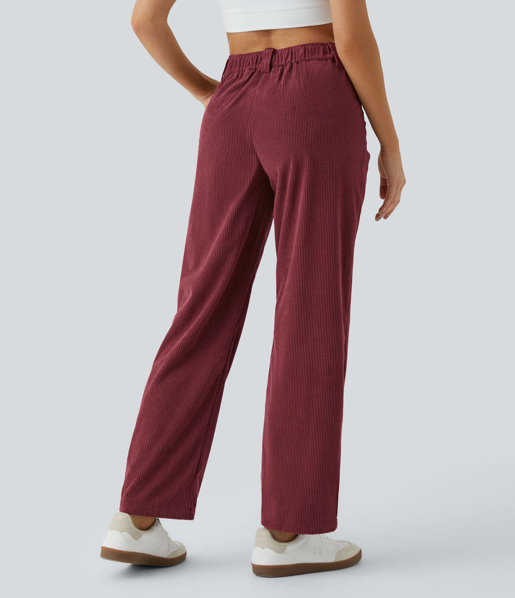 Pantalon en velours côtelé décontracté taille moyenne avec poches latérales