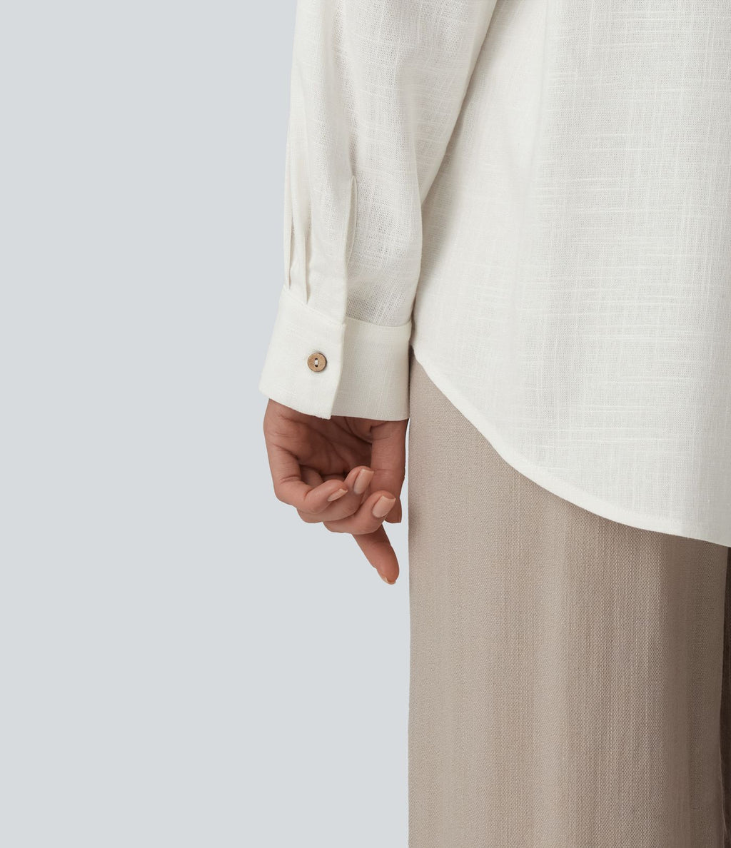 Chemise décontractée en lin col ourlet arrondi manches longues boutonnée avec poches
