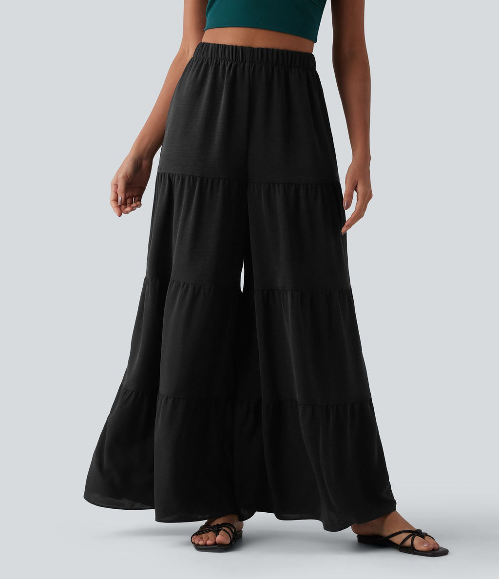 Pantalon large fluide taille haute aspect lin avec poches
