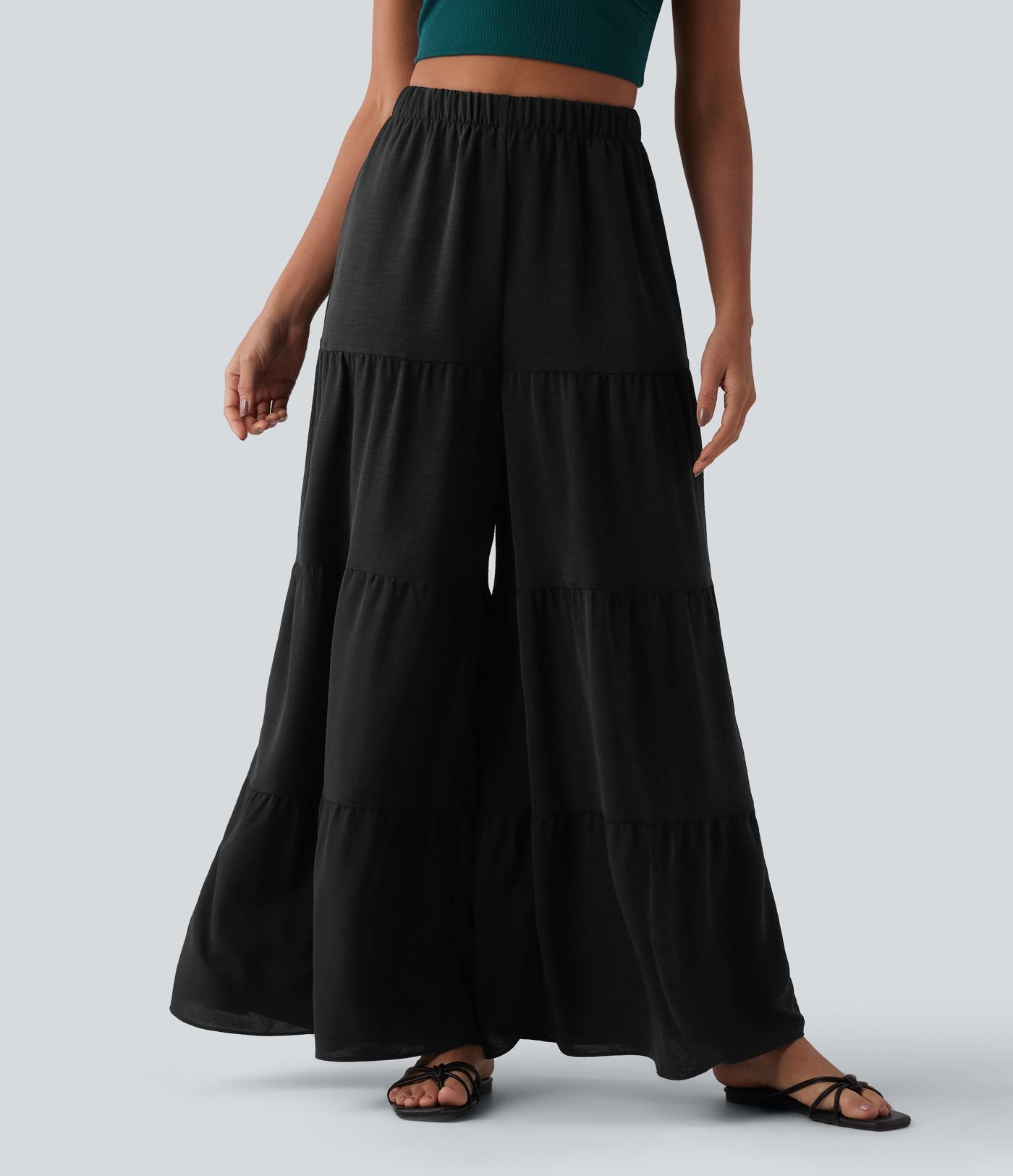 Pantalon large fluide taille haute aspect lin avec poches