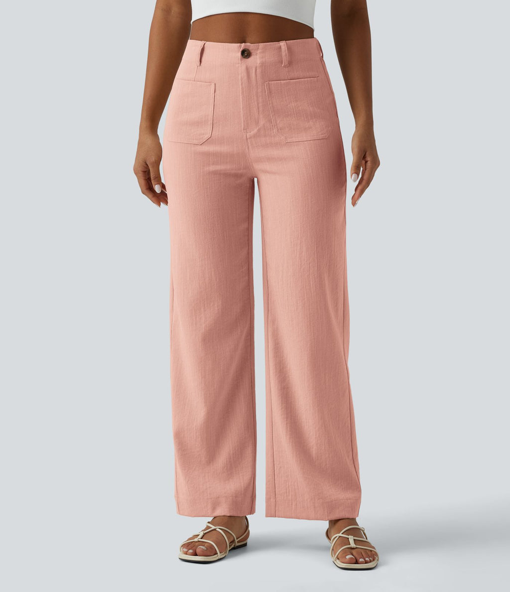 Pantalon taille haute coupe droite effet lin avec poches