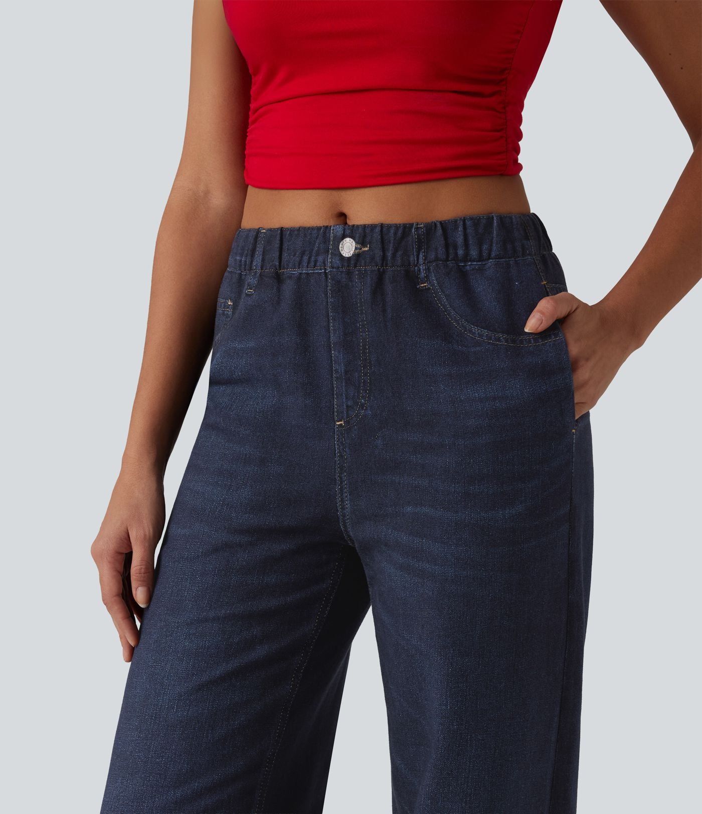 Jogging jean décontracté en molleton French Terry imprimé denim taille mi-haute avec poches
