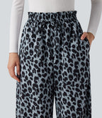 Pantalon large et fluide à imprimé léopard, taille haute avec cordon de serrage et poches latérales