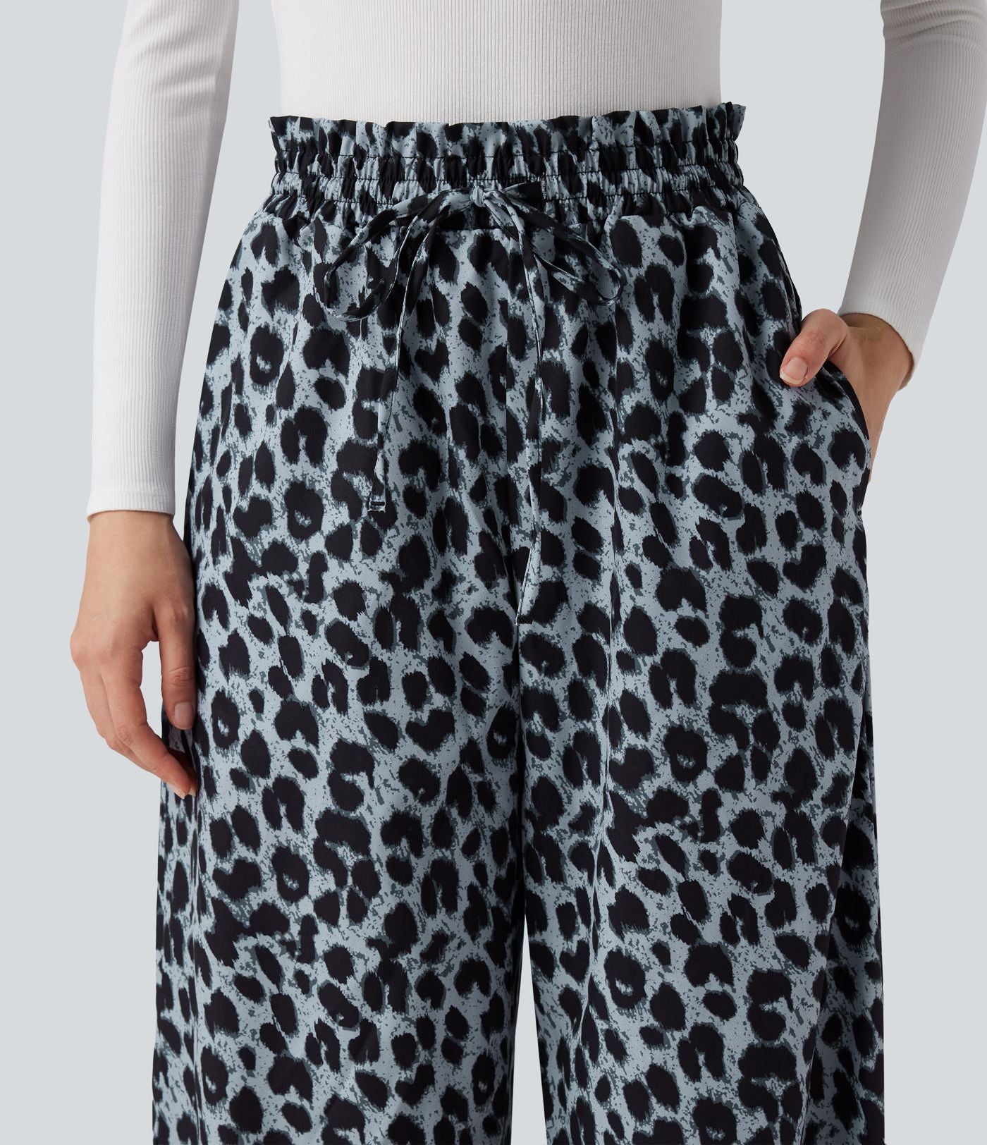 Pantalon large et fluide à imprimé léopard, taille haute avec cordon de serrage et poches latérales