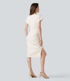 Robe habillée asymétrique col bénitier manches courtes froncée avec ourlet fendu
