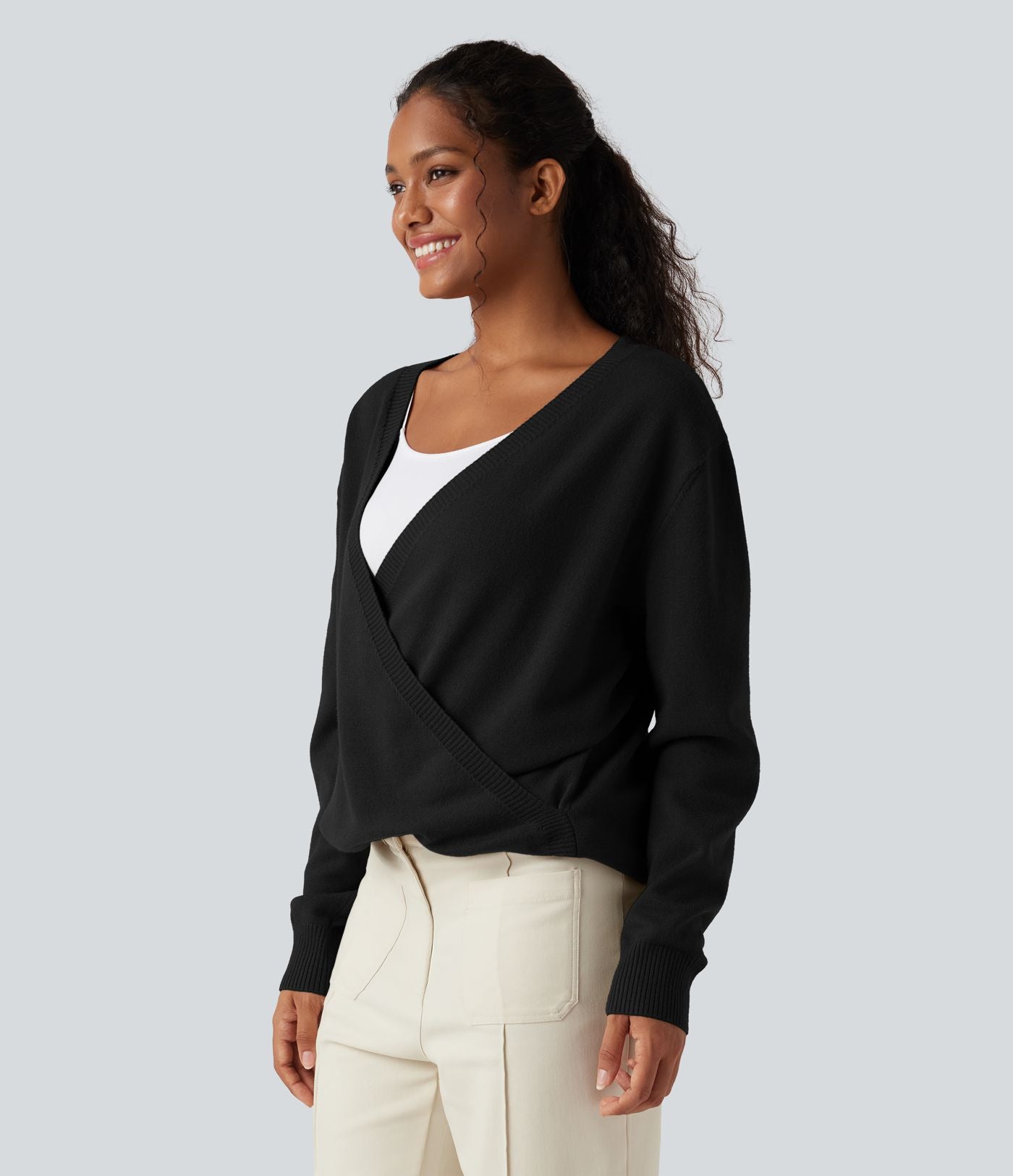 Pull décontracté réversible effet cache-cœur à décolleté en V et manches longues