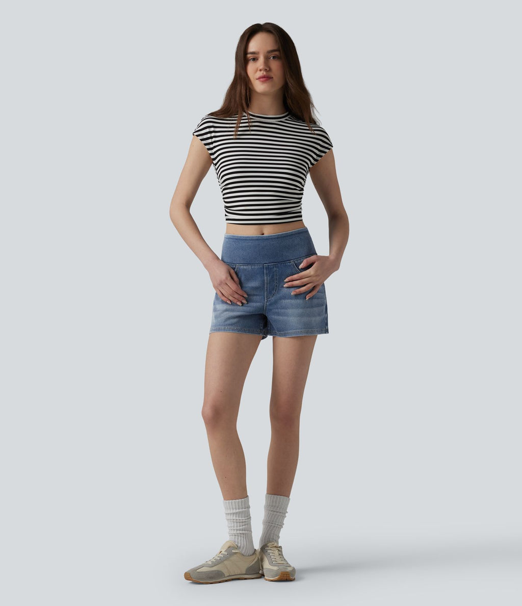 Halara Flex™ Short décontracté en denim lyocell délavé taille mi-haute drapé 9 cm avec poches