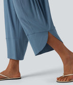 Pantalon court décontracté taille haute avec cordon de serrage, ourlet arrondi, effet lin et poches