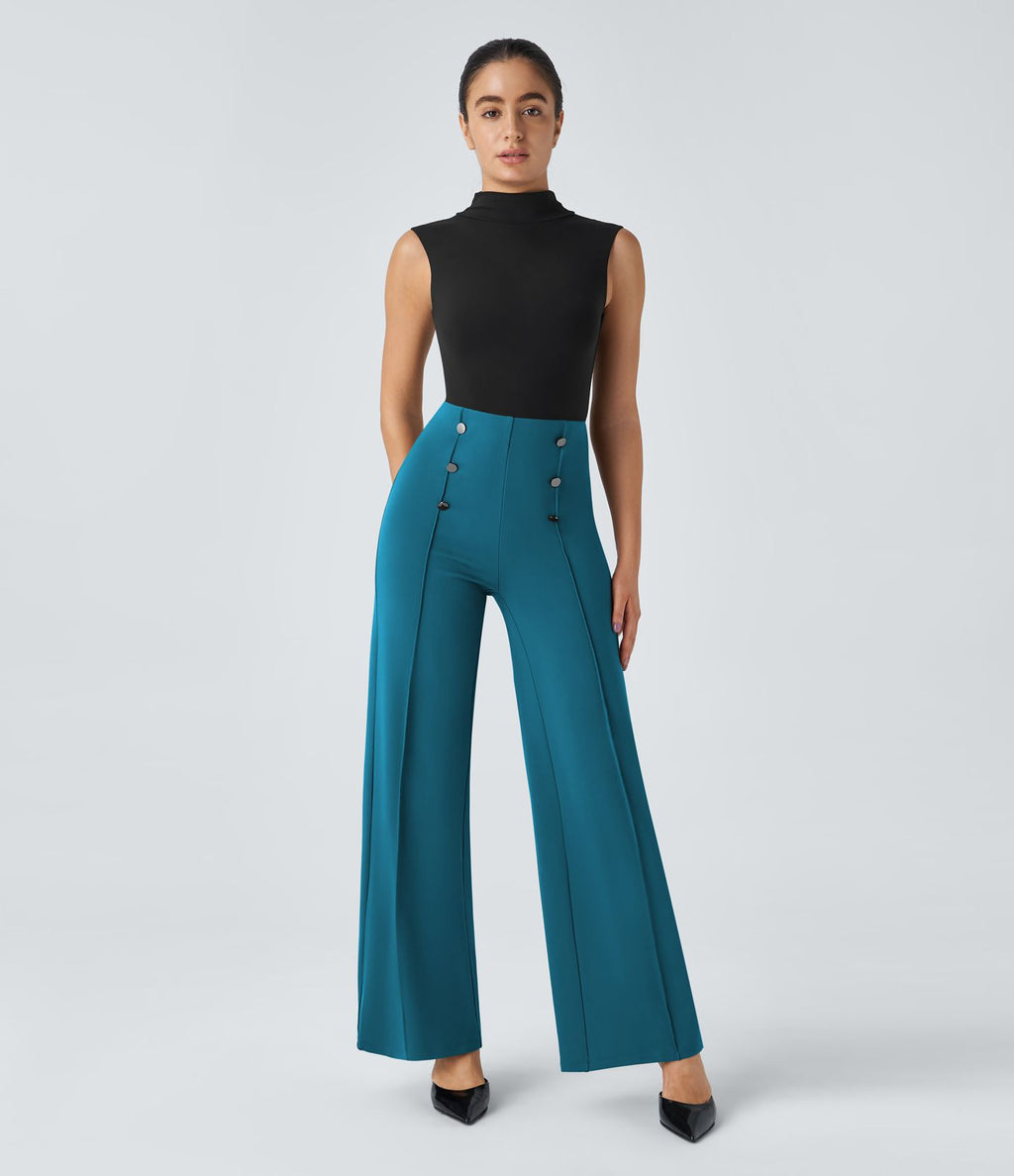 Pantalon Tailleur Large Taille Haute avec Bouton et Poches