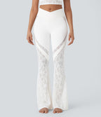 Pantalon de yoga évasé à taille haute croisée, poche arrière et dentelle