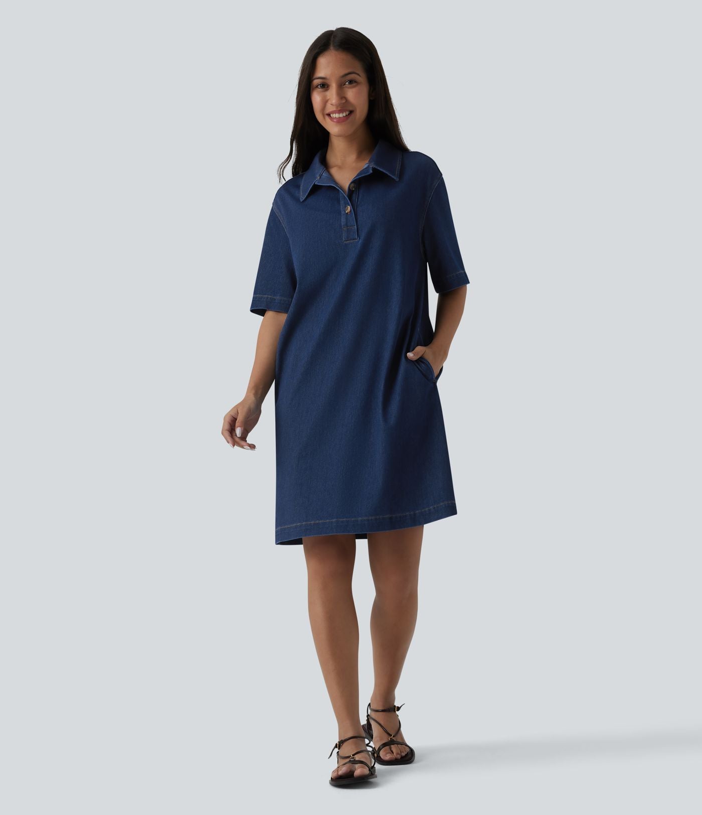 Halara Flex™ Robe courte en denim col classique manches courtes avec poches