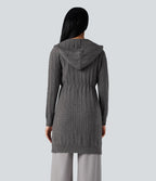 Cardigan long à capuche cordon de serrage manches longues